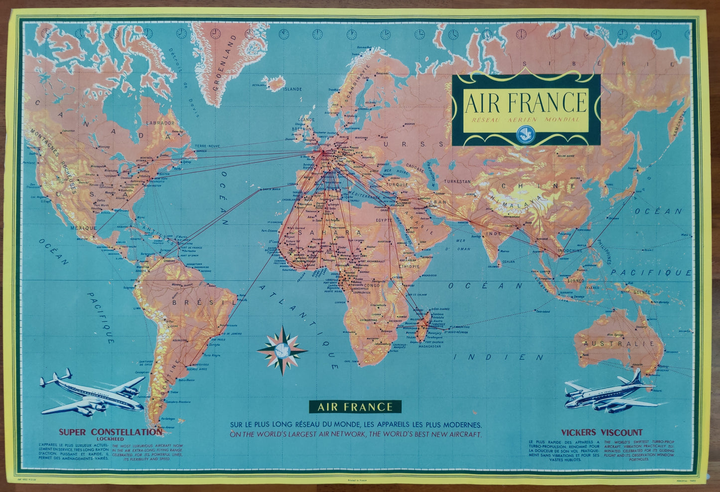 Air France, Reseau Aerien Mondial planisphere, 1956
