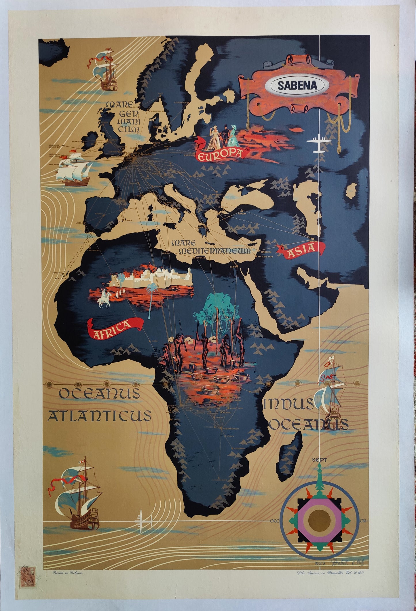Sabena Belgian Airlines, Europe, Asia, Africa Map by Dohet, 1950s